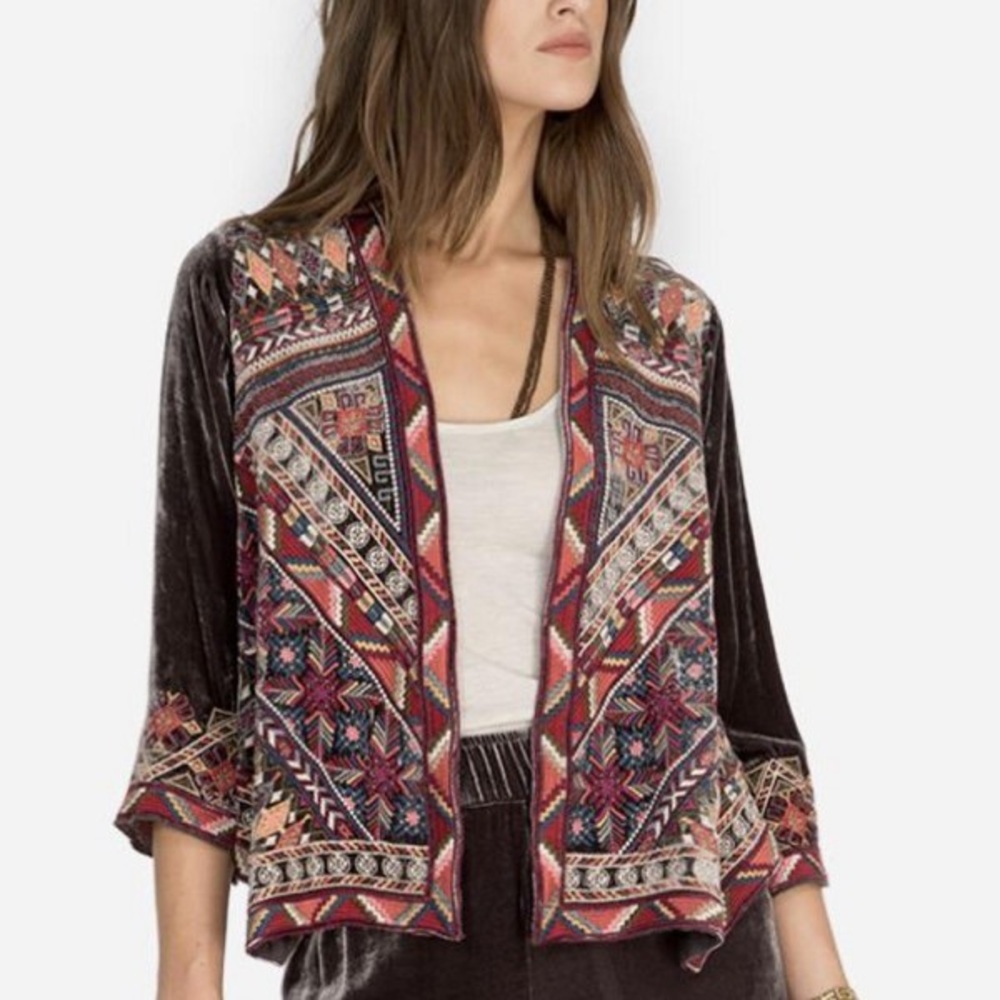 Johnny Was Velvet Open-Front Cardigan in Black with Multicolor Embroidery